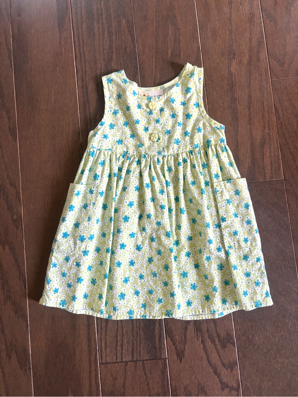 Vintage Y2K SWAT Green/ Blue Floral Sleeveless Cotton Dress W Patch Pockets- 3T